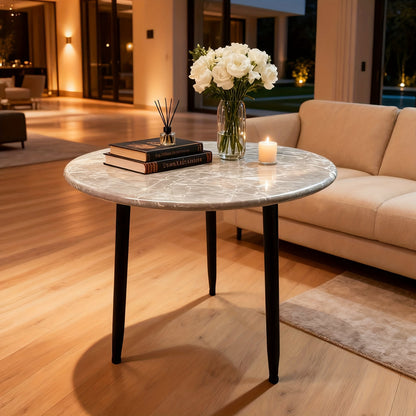 Bout de canapé rond effet marbre et métal noir