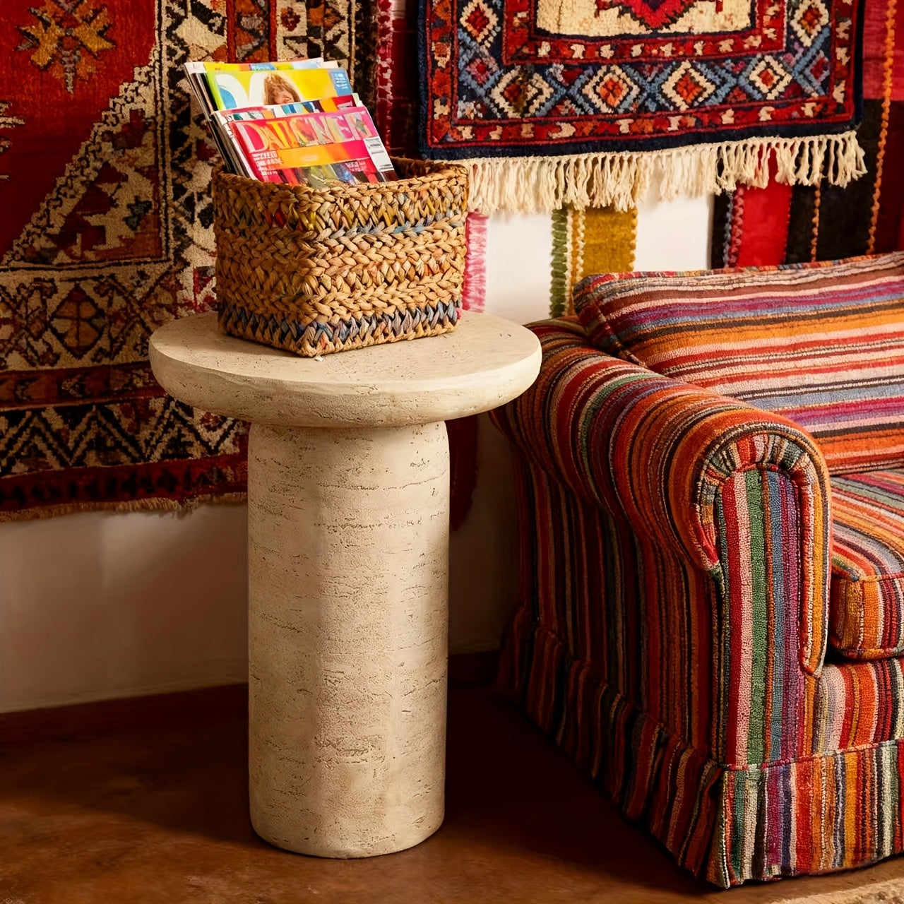 Bout de Canapé Rond Effet Travertin