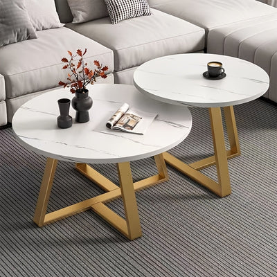 Bout de canapé rond effet marbre blanc et pieds dorés
