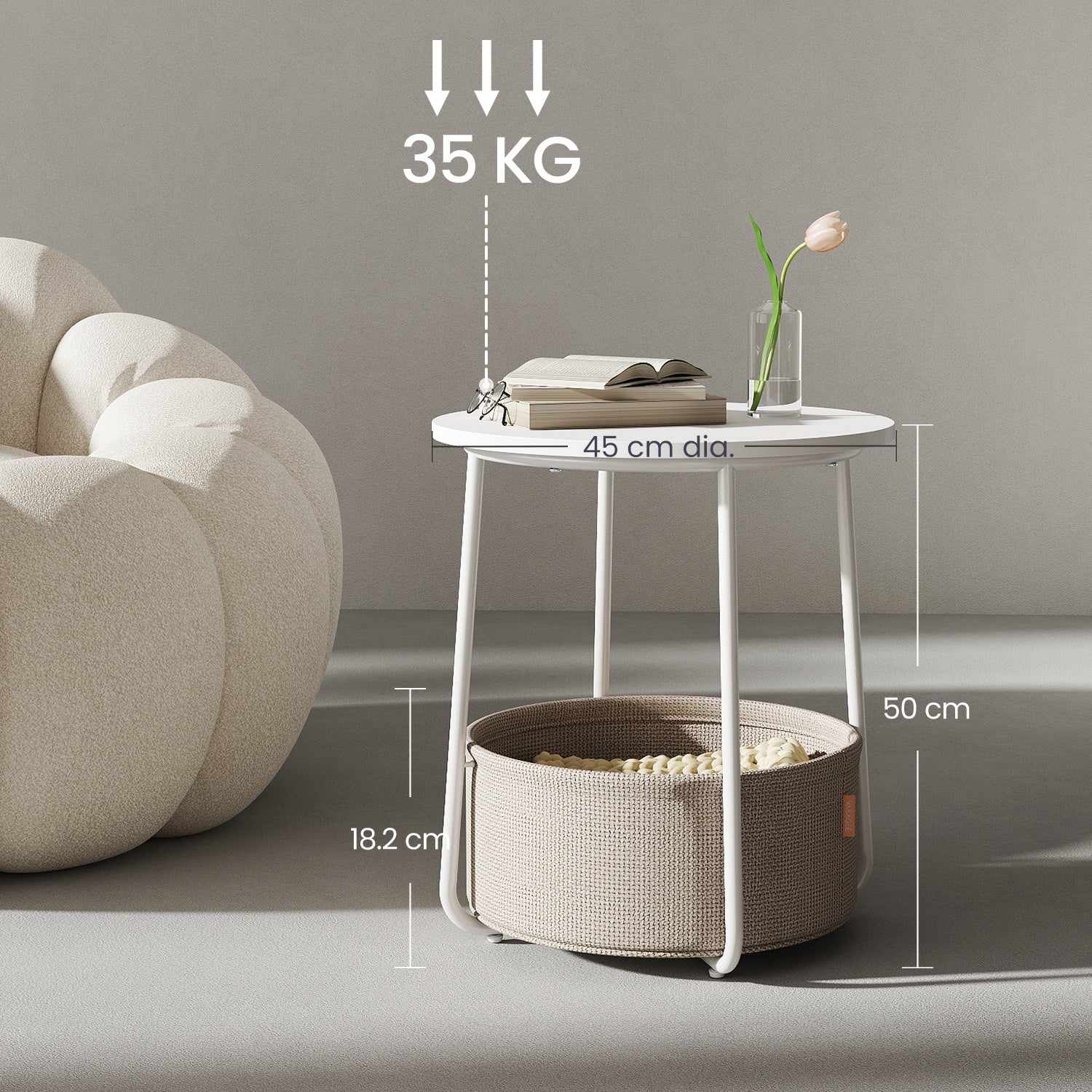 Bout de canapé rond avec panier de rangement