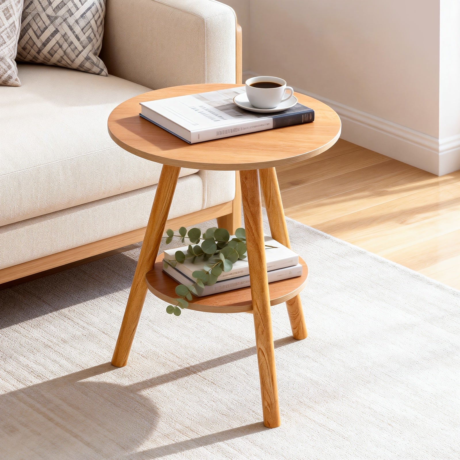 Bout de canapé rond en bois avec rangement deux niveaux