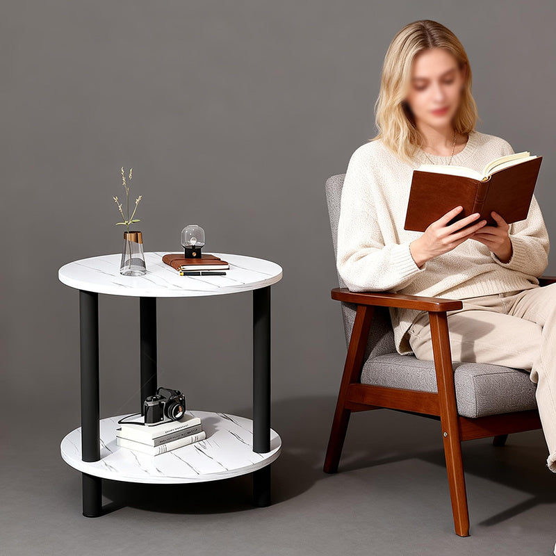 Bout de Canapé Rond Marbre Blanc 2 Niveaux