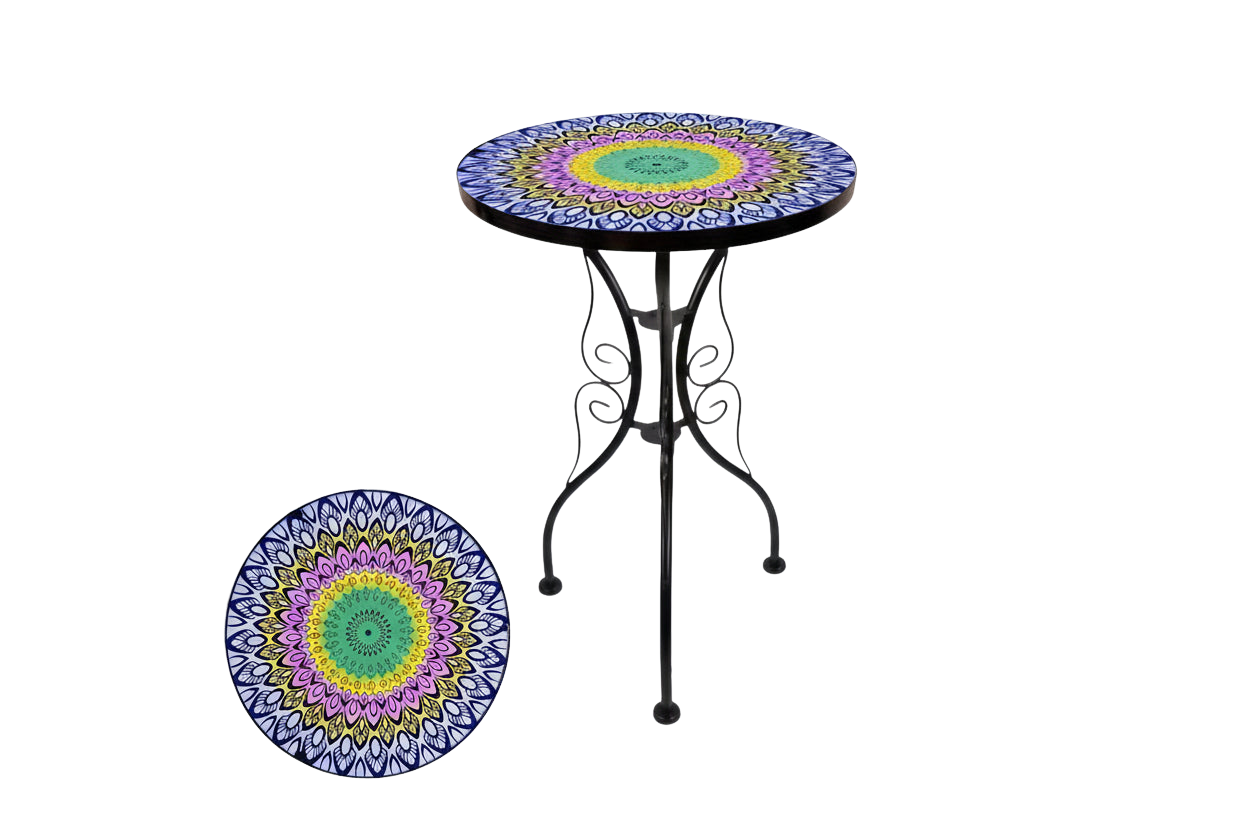 Guéridon en Fer Forgé avec Plateau Verre Mandala