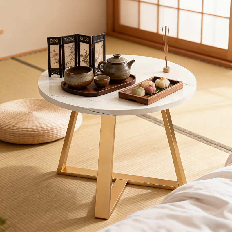 Bout de canapé rond effet marbre blanc et pieds dorés