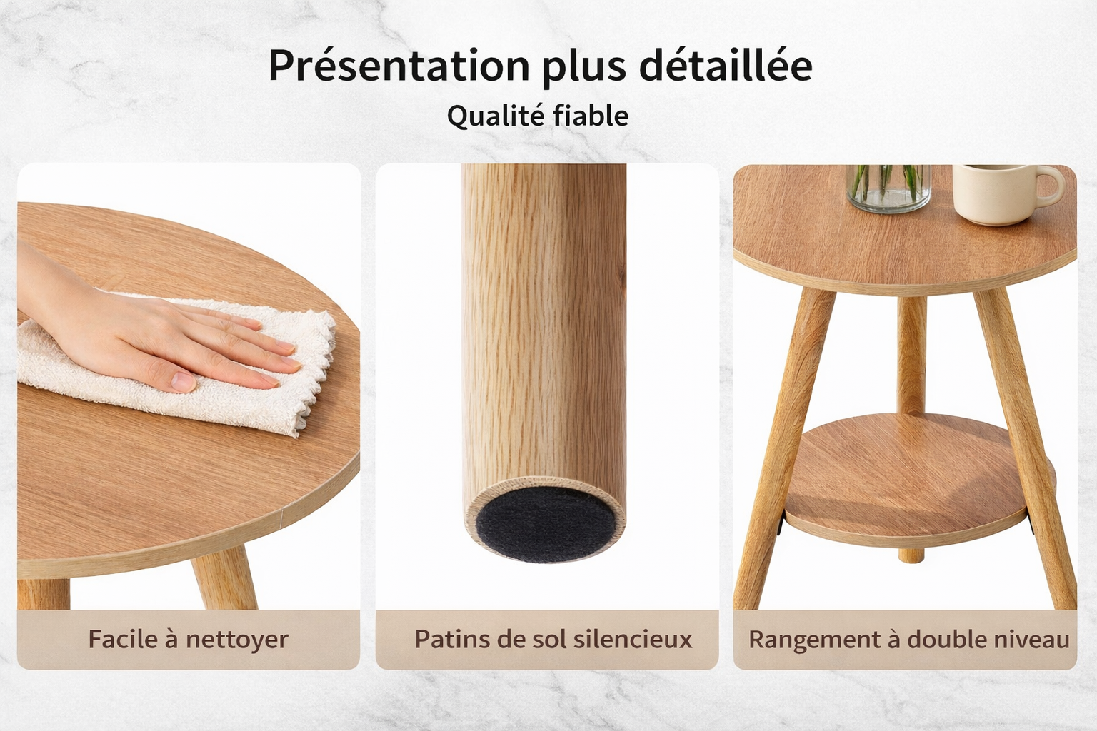 Bout de canapé rond en bois avec rangement deux niveaux